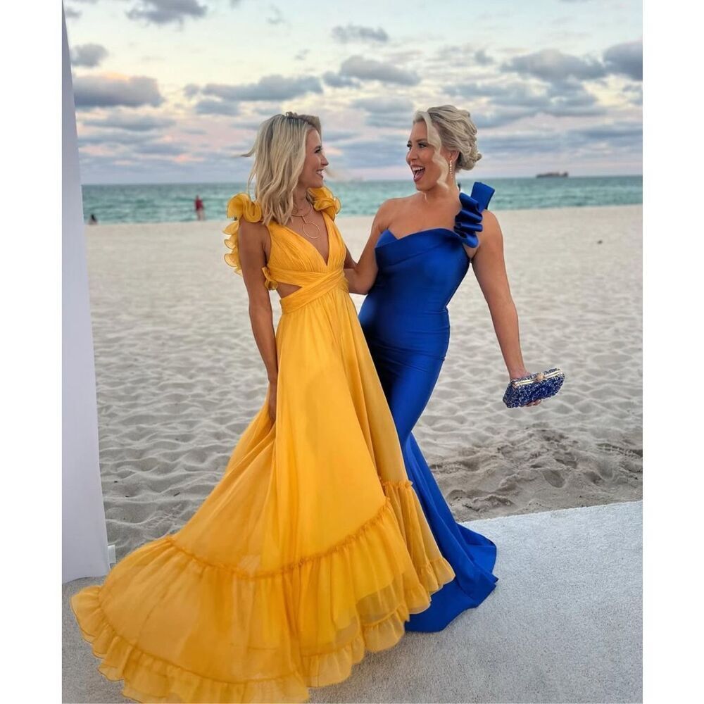 Mac Duggal Womens Chiffon Ruffle Sleeve V Neck A-Line Gown Marigold Size 10 - Picture 5 of 14